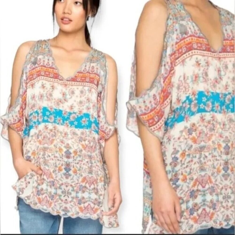 Johnny Was Betimo Boho Tunic Top XS Multicolor Embroidered Sheer Scalloped Hem